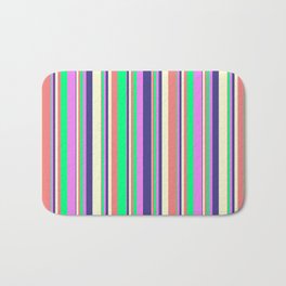 [ Thumbnail: Vibrant Light Coral, Green, Violet, Dark Slate Blue, and Light Yellow Colored Pattern of Stripes Bath Mat ]
