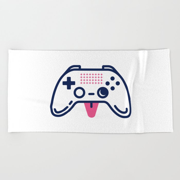 Cute gamepad showing a pink tongue. Game design Beach Towel