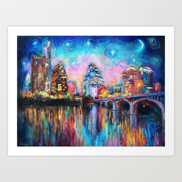 Colorful Impressionistic Austin Night Skyline cityscape painting #1  Svetlana Novikova Art Print