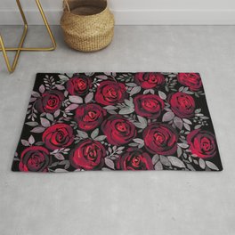 Watercolor red roses on black background Rug | Watercolor, Black, Painting, Gray, Print, Popular, Trendy, Rose, Floral, Leaves 