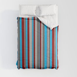 [ Thumbnail: Grey, Dim Grey, Deep Sky Blue & Dark Red Colored Stripes Pattern Comforter ]
