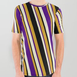[ Thumbnail: Goldenrod, Indigo, Beige & Black Colored Pattern of Stripes All Over Graphic Tee ]