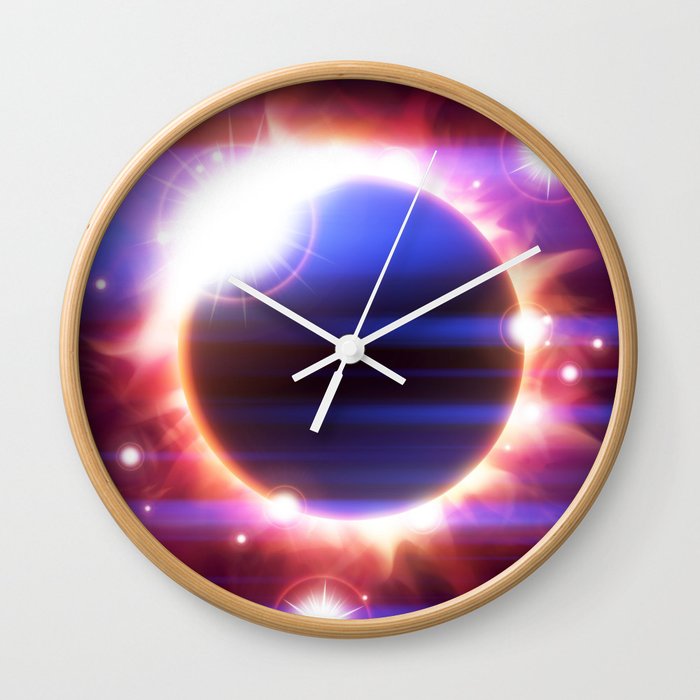 An outer space background with an eclipse, planets and stars.  Wall Clock