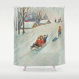 Happy vintage winter sledders Shower Curtain