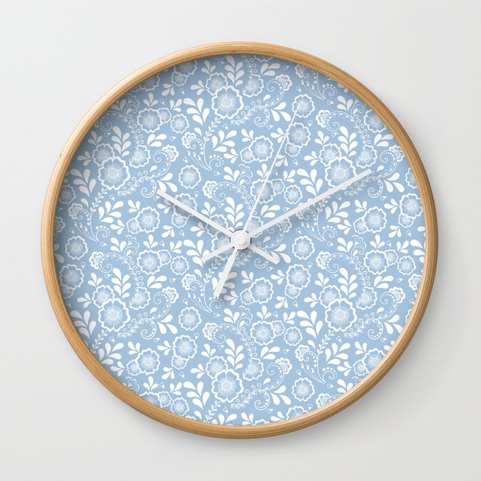 Pale Blue And White Eastern Floral Pattern Wall Clock