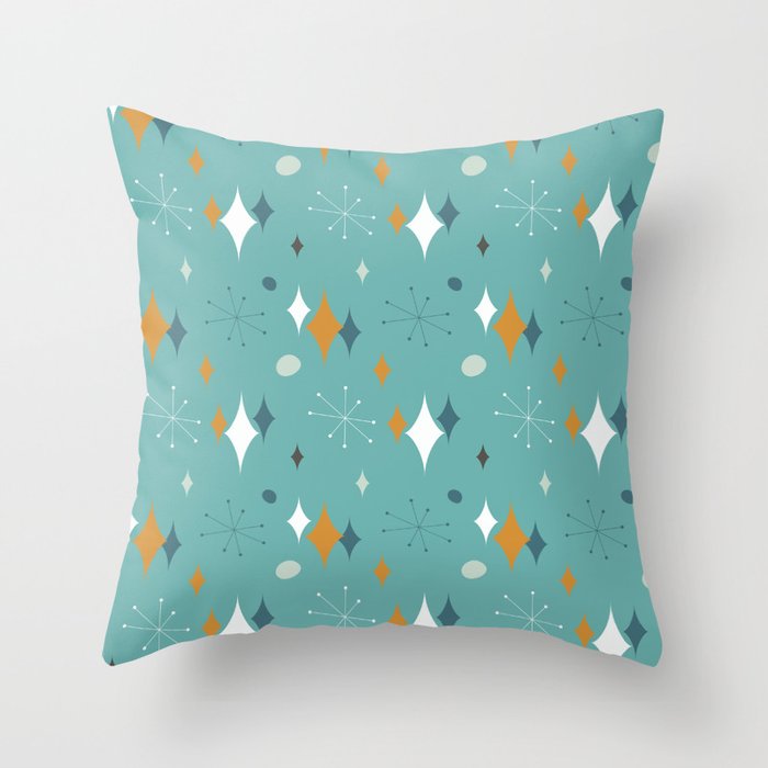 Starburst Mid Century Modern Pattern in Orange, Teal and Aqua 2 Throw Pillow