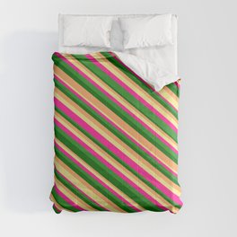 [ Thumbnail: Dark Green, Brown, Tan, Deep Pink, and Forest Green Colored Lines/Stripes Pattern Comforter ]