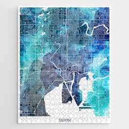 Tampa Florida Map USA Navy Blue Turquoise Watercolor Jigsaw Puzzle
