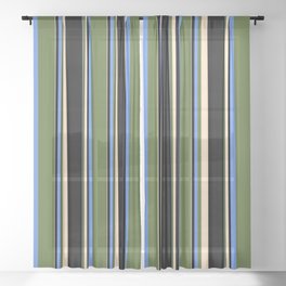 [ Thumbnail: Cornflower Blue, Dark Olive Green, Bisque, and Black Colored Striped Pattern Sheer Curtain ]