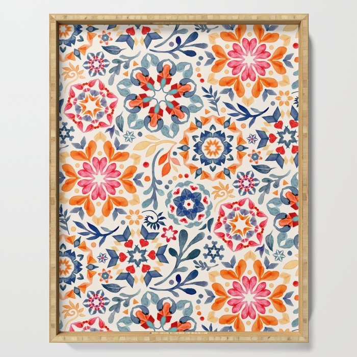 Watercolor Kaleidoscope Floral - desaturated Serving Tray