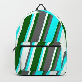 [ Thumbnail: Dim Grey, Cyan, Mint Cream & Dark Green Colored Stripes Pattern Backpack ]