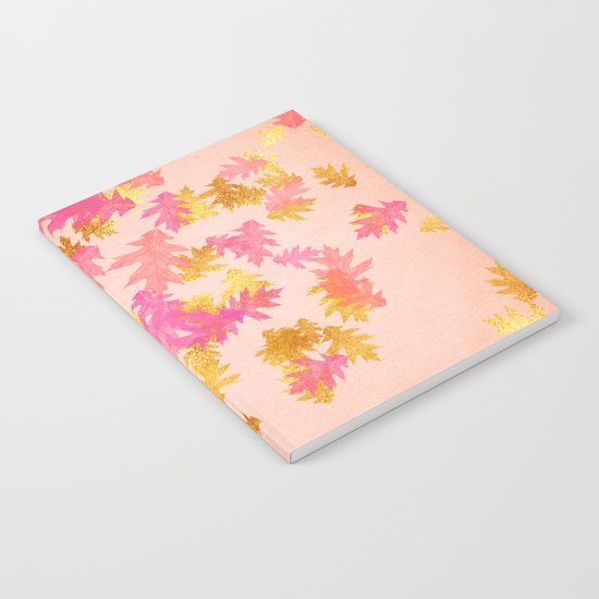Autumn-world 1 - gold glitter leaves on pink background Notebook
