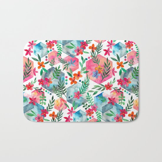 Whimsical Hexagon Garden on white Bath Mat