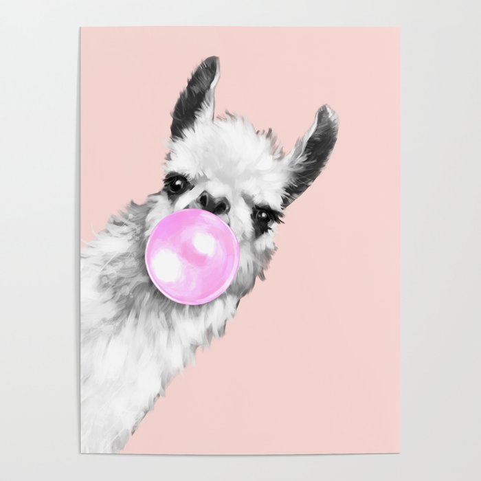 Bubble Gum Black and White Sneaky Llama in Pink Poster