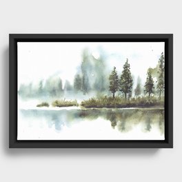 Aesthetic Reflection Of Pine Trees In Lake Watercolor Framed Canvas