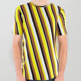 [ Thumbnail: Yellow, Sienna, Black, and White Colored Lined/Striped Pattern All Over Graphic Tee ]