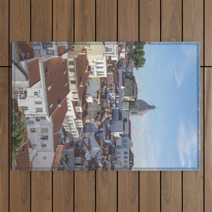 Summer in Alfama, Lisbon, Portugal - pastel yellow and blue street and travel photography Outdoor Rug