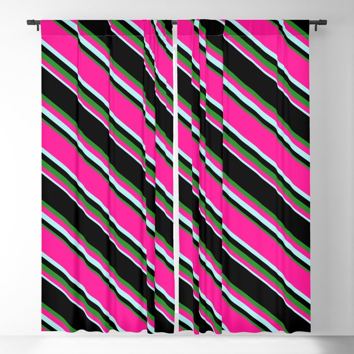 Black, Forest Green, Deep Pink & Turquoise Colored Lined Pattern Blackout Curtain