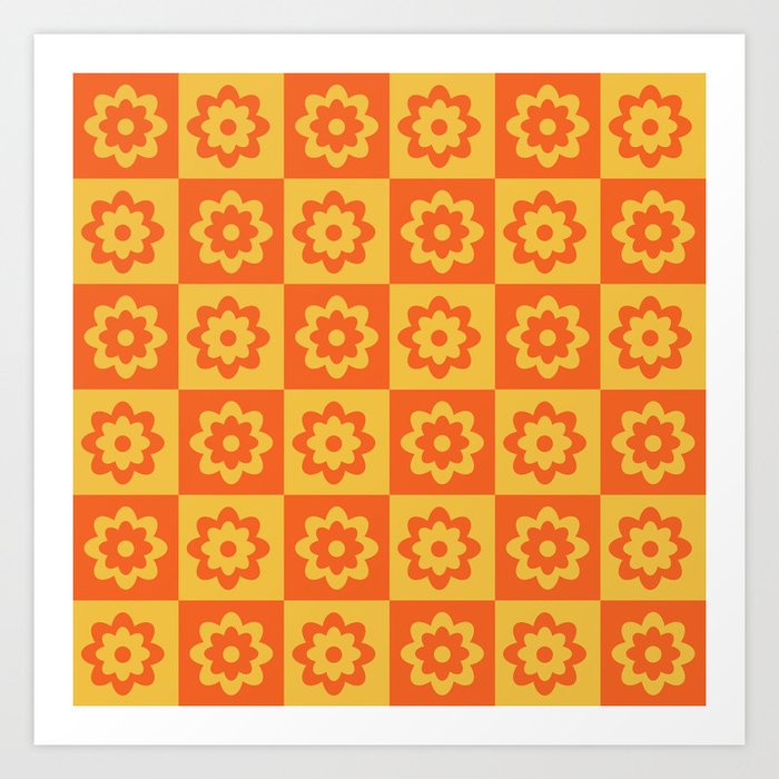 Checkered Orange and Yellow Retro Flowers  Art Print