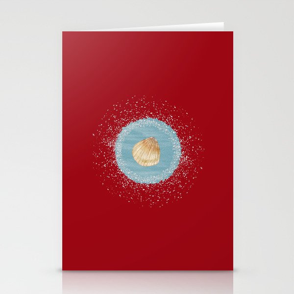 Watercolor Seashell and Blue Circle on Red Stationery Cards