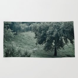 Forest landscape with goat Beach Towel