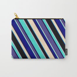 [ Thumbnail: Eye-catching Dark Slate Blue, Bisque, Turquoise, Blue, and Black Colored Lined/Striped Pattern Carry-All Pouch ]