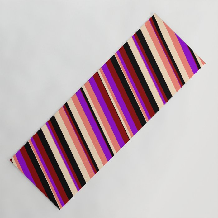 Vibrant Dark Violet, Dark Red, Black, Bisque, and Salmon Colored Stripes Pattern Yoga Mat