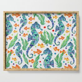 Seahorse Watercolor Pattern - Blue Green & Orange Serving Tray