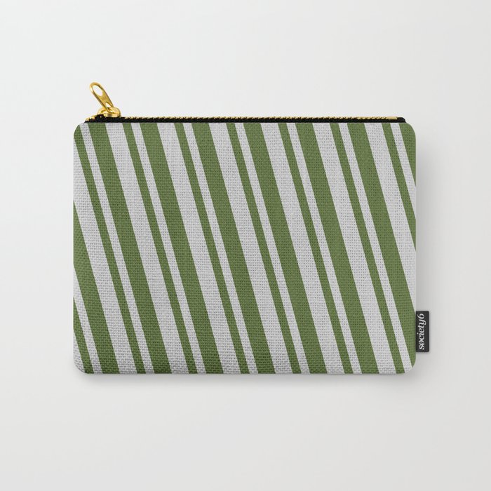 Light Gray & Dark Olive Green Colored Lines/Stripes Pattern Carry-All Pouch