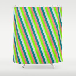 [ Thumbnail: Green, Light Gray, Dark Cyan & Light Coral Colored Lines Pattern Shower Curtain ]