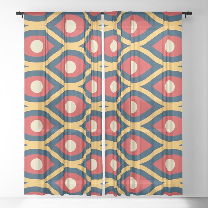 Groovy Abstract Colorful Retro Pattern - Red and Yellow Sheer Curtain