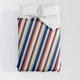 [ Thumbnail: Light Green, Blue, Red & Mint Cream Colored Stripes Pattern Comforter ]