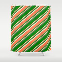 [ Thumbnail: Beige, Coral, Sea Green, and Green Colored Pattern of Stripes Shower Curtain ]