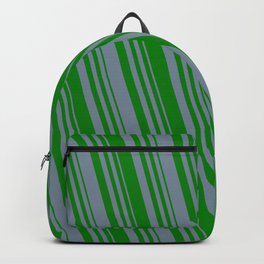 [ Thumbnail: Light Slate Gray and Green Colored Lined Pattern Backpack ]
