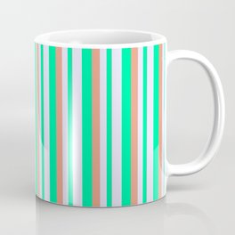 [ Thumbnail: Dark Salmon, Green & Lavender Colored Striped/Lined Pattern Coffee Mug ]