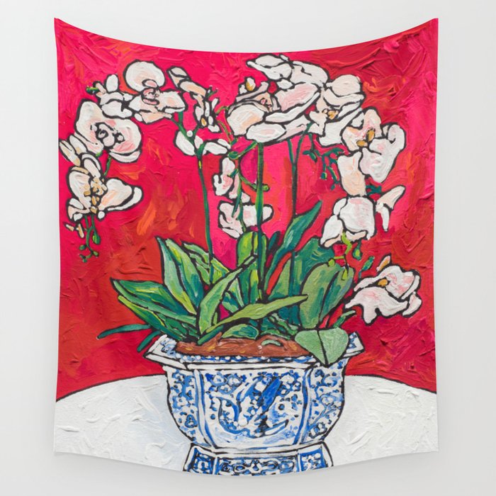Orchid in Blue-and-white Bird Pot on Red after Matisse Wall Tapestry