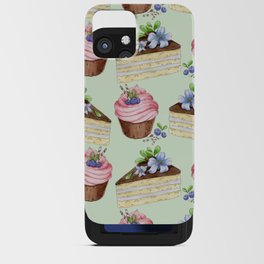 Watercolor texture with blueberries cupcakes and a piece of vanilla cake iPhone Card Case