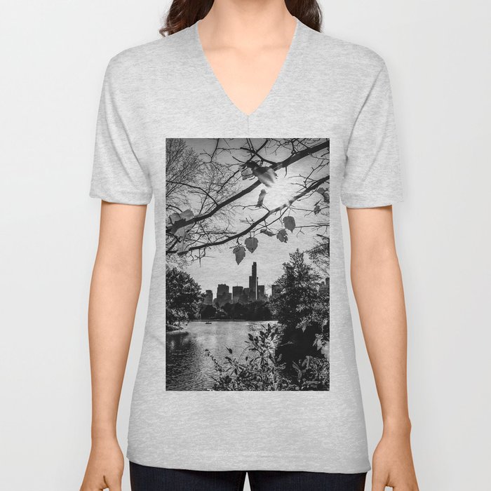 Autumn Fall in Central Park in New York City black and white V Neck T Shirt