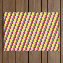 [ Thumbnail: Yellow, Lavender, Light Slate Gray, and Crimson Colored Lines/Stripes Pattern Outdoor Rug ]