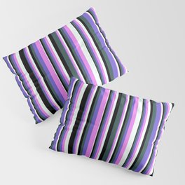 [ Thumbnail: Eyecatching Dark Slate Gray, Slate Blue, Violet, Mint Cream, and Black Colored Pattern of Stripes Pillow Sham ]