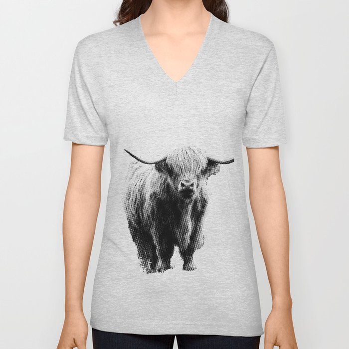 Newspaper Print Style Highland Cow. Scotland, Bull, Horns. V Neck T Shirt
