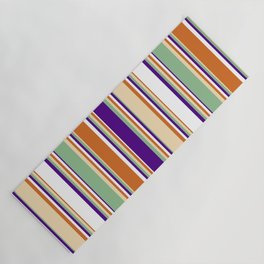 [ Thumbnail: Eyecatching Chocolate, Tan, Dark Sea Green, Indigo & White Colored Stripes Pattern Yoga Mat ]