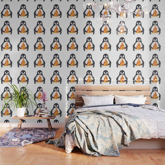 Penguin pizza watercolor painting Wallpaper