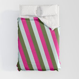 [ Thumbnail: Light Cyan, Dark Olive Green, and Deep Pink Colored Lines/Stripes Pattern Duvet Cover ]
