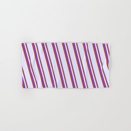 [ Thumbnail: Dark Orchid, Sienna & Lavender Colored Stripes Pattern Hand & Bath Towel ]