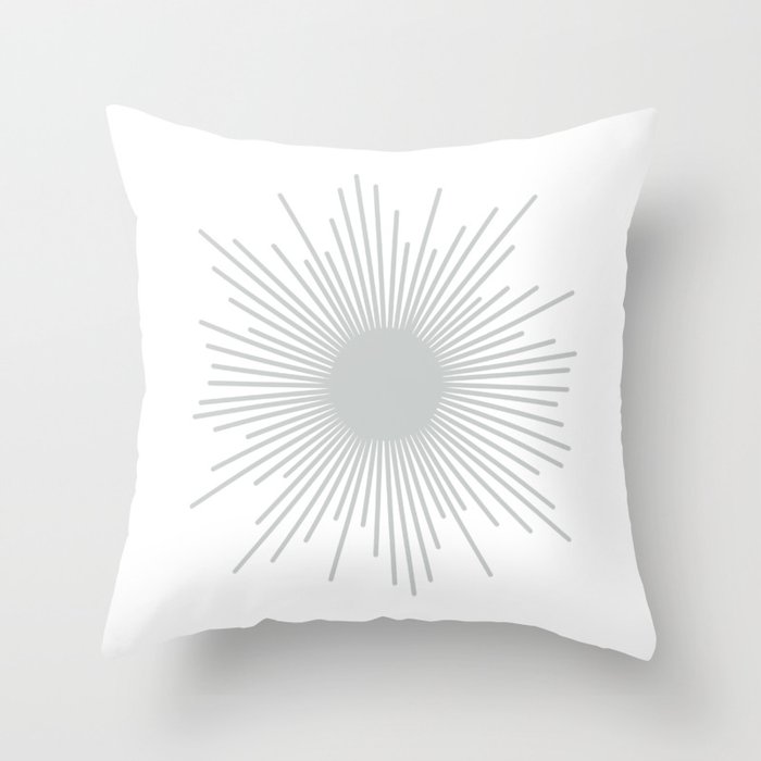 Mid Century Modern Sunburst Sun in Light Gray on White Throw Pillow