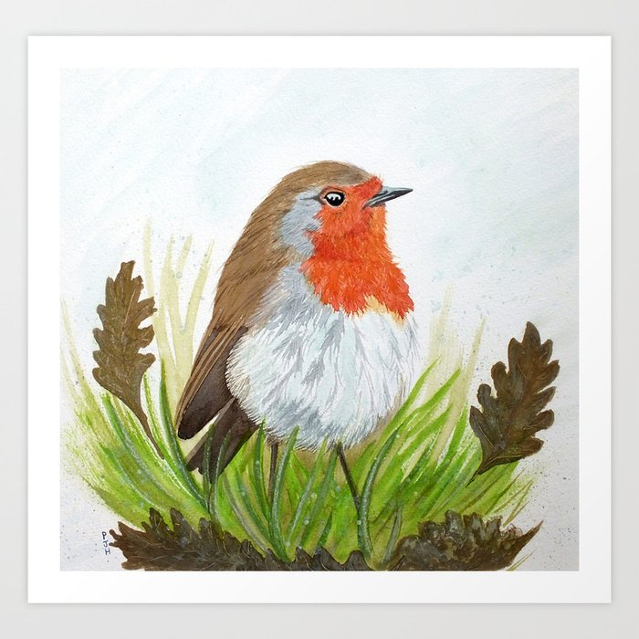 Robin with Oakleaves Art Print