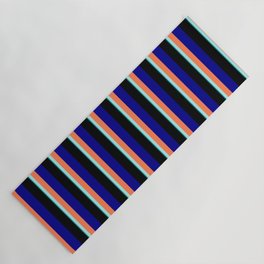 [ Thumbnail: Eye-catching Dark Cyan, Turquoise, Coral, Dark Blue, and Black Colored Striped Pattern Yoga Mat ]