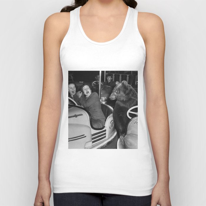 Bear with me; bear riding bumper cars scary women at carnival vintage black and white photograph - photography - photographs wall decor Tank Top