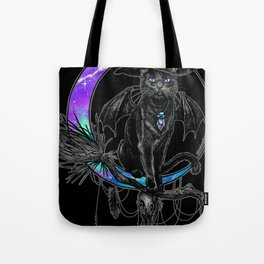 Black Cat Witch with Bat Wings Hat Broom and Moon design by Jackie Rabbit Tote Bag